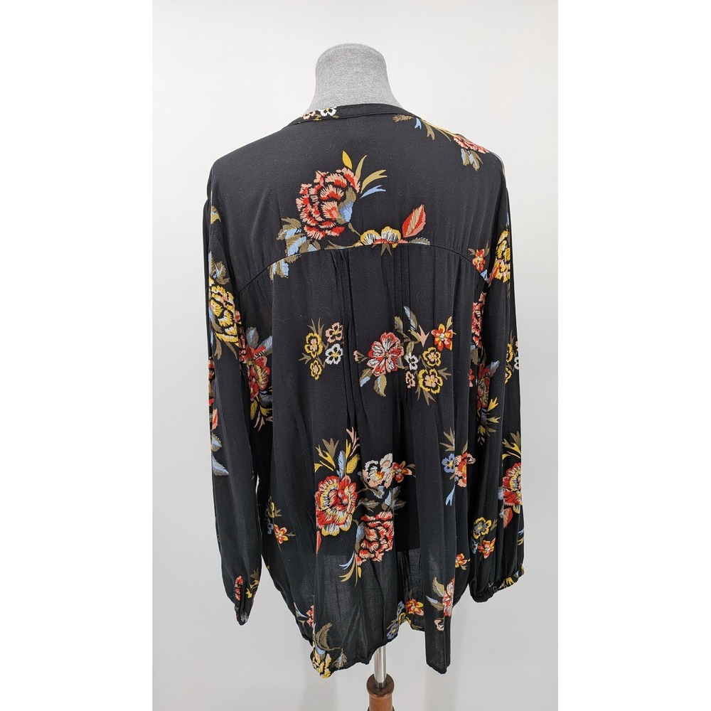 Boho Prairie Summer Black Floral Lace Up Pintuck‎ Pleated Long Sleeve 2X Top - Picture 4 of 6